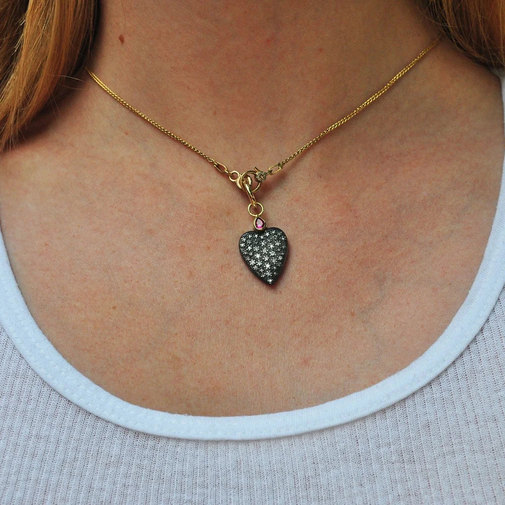 Large Pave Diamond Heart Pendant with Ruby Top