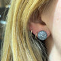Large Oxidized Silver Pave Disc Earrings on white female model with blonde hair | Rebecca Myers Collection
