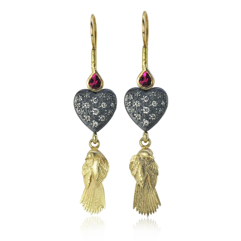 Pave Set Diamond Heart and Gold Bird Earrings | Rebecca Myers Collection