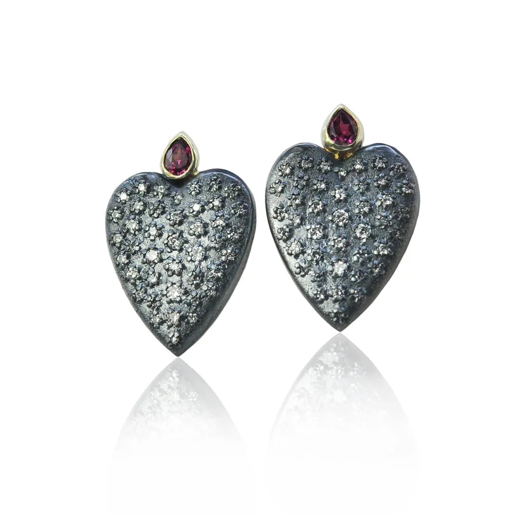 Large Pave Diamond Heart Earrings with Ruby Tops | Rebecca Myers Collection