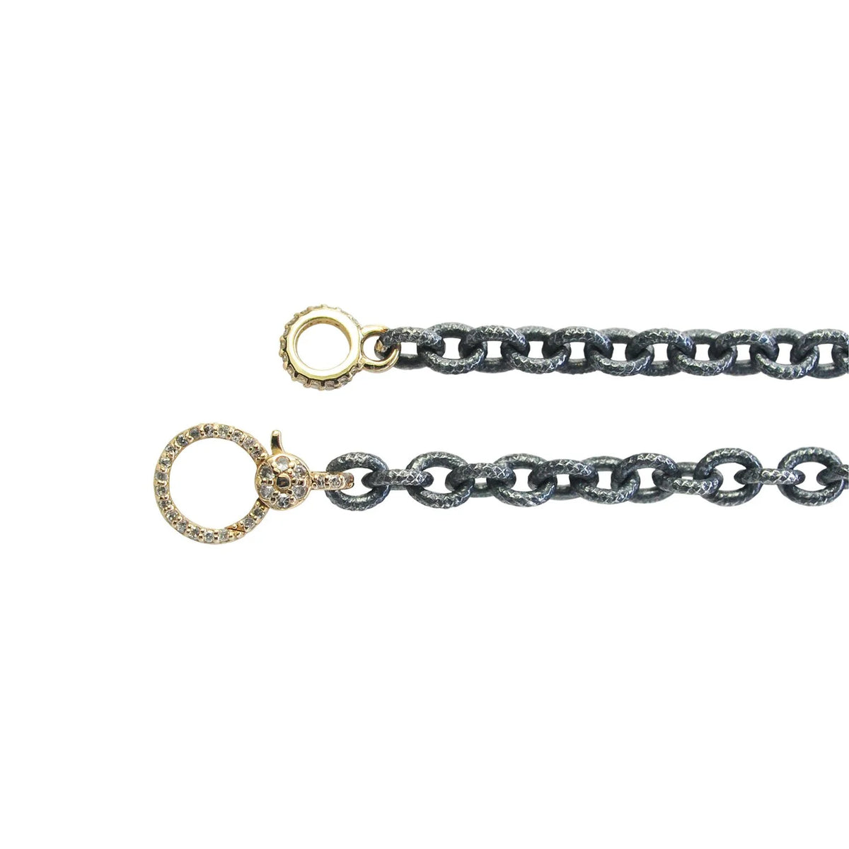 Oxidized Silver Textured Oval Cable Chain with 14k Yellow Gold & Diamond Cham Holder Clasp | Rebecca Myers Collection