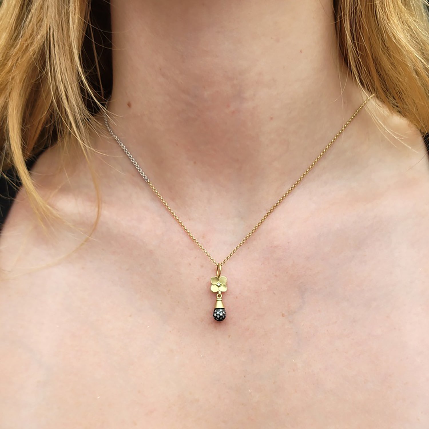Gold Hydrangea & Pave Diamond Teardrop Necklace and Earrings