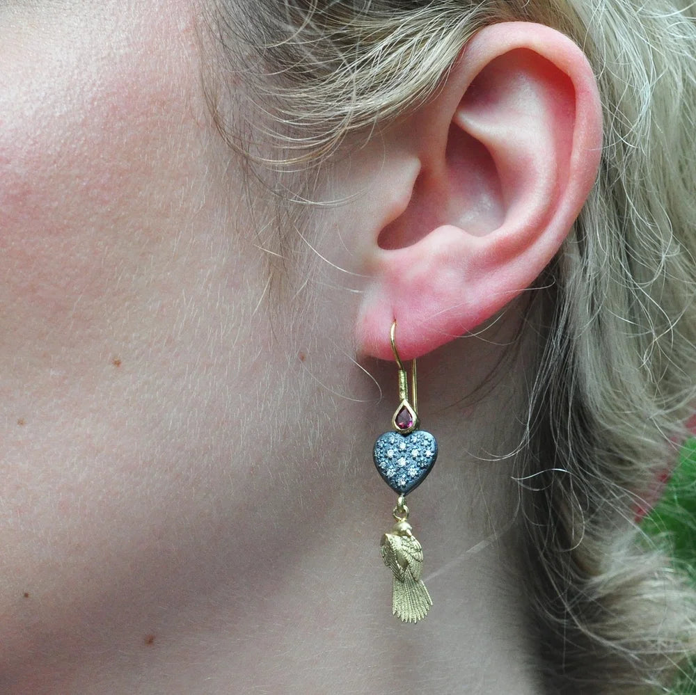 Pave Set Diamond Heart and Gold Bird Earrings | Rebecca Myers Collection