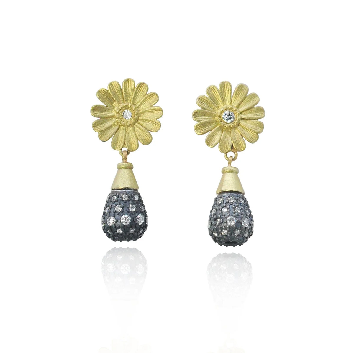 Gold, Oxidized Silver, and Pave Diamond Teardrop Earrings | Rebecca Myers Collection