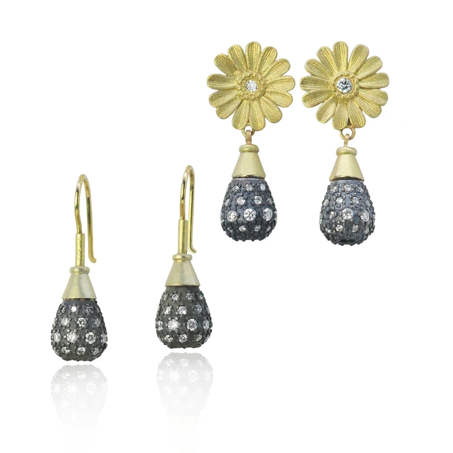 Gold, Oxidized Silver, and Pave Diamond Teardrop Earrings | Rebecca Myers Collection