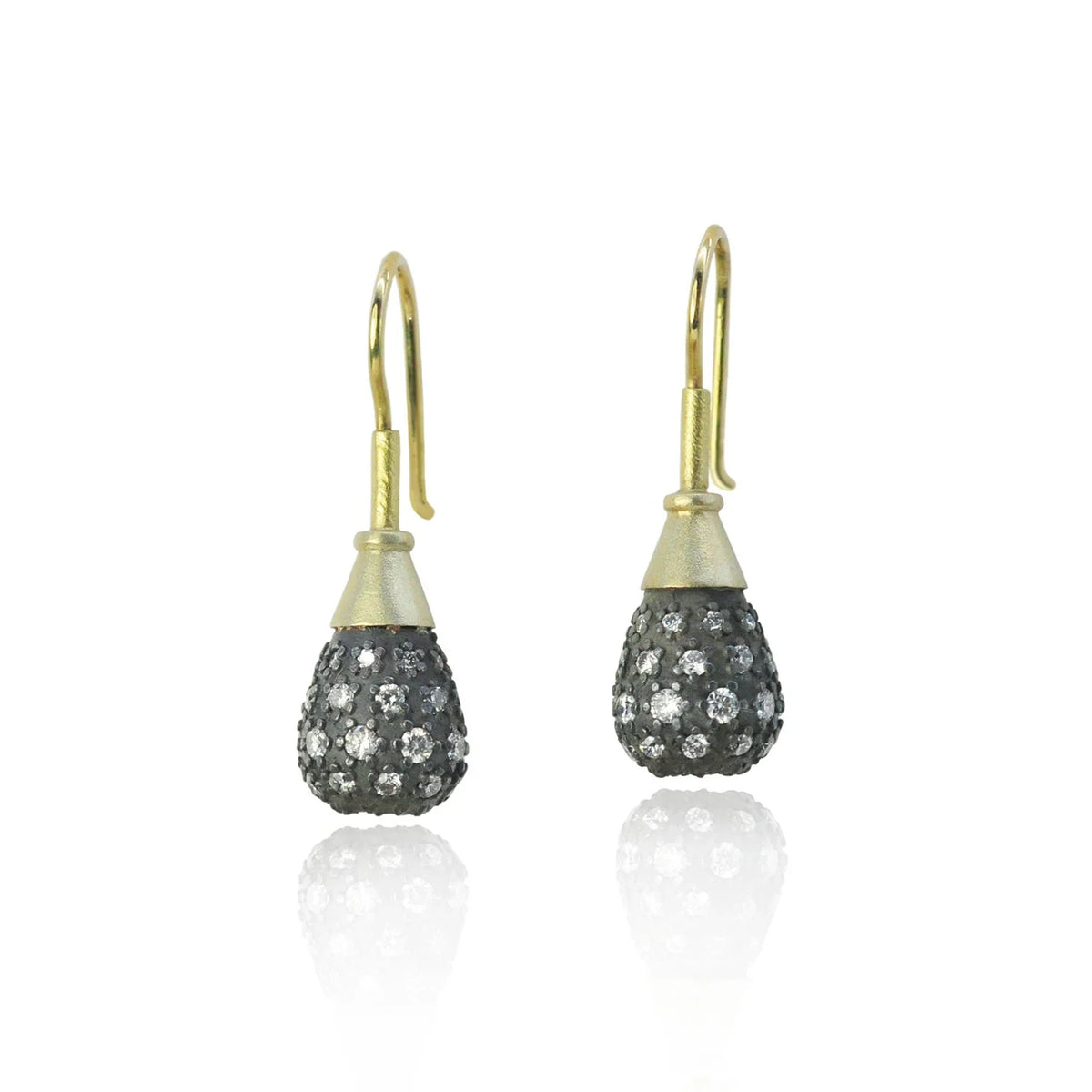 Gold, Oxidized Silver, and Pave Diamond Teardrop Earrings | Rebecca Myers Collection