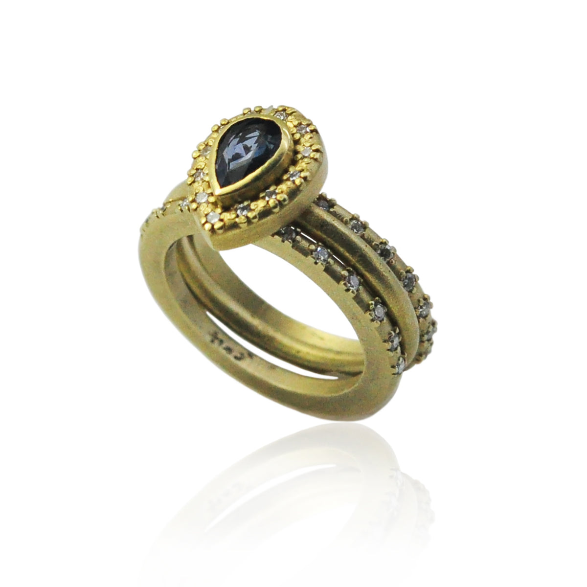 Pear Shaped Blue Sapphire Halo Ring & 2mm Fairy Dust Band | Rebecca Myers Collection