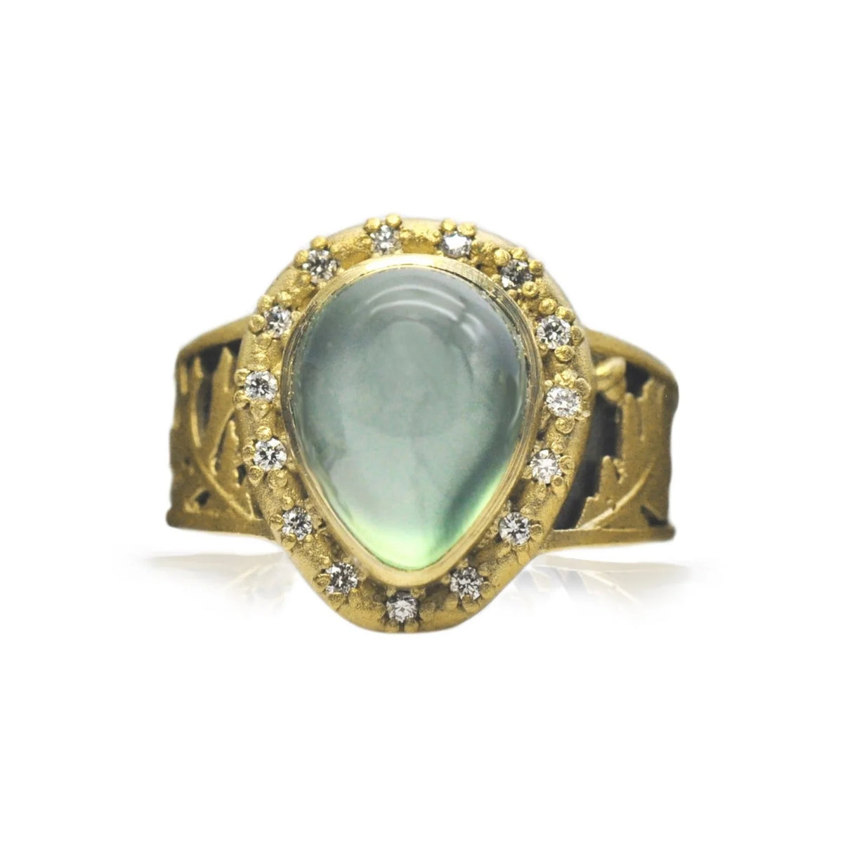 Pear Prehnite, Gold, & Silver Oak Leaf Ring with Diamond Halo | Rebecca Myers Design