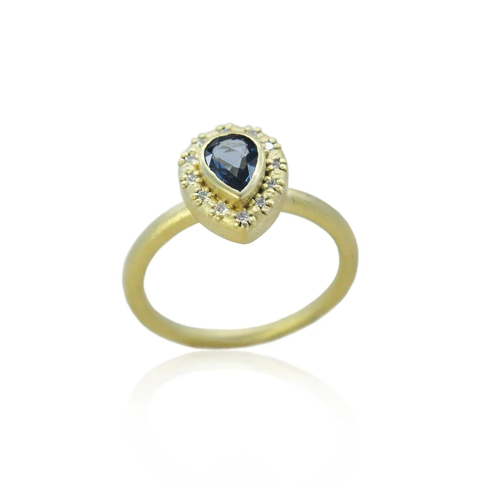 Gemmie Pear Shaped Blue Sapphire Halo Ring on Gold Band | Rebecca Myer Design