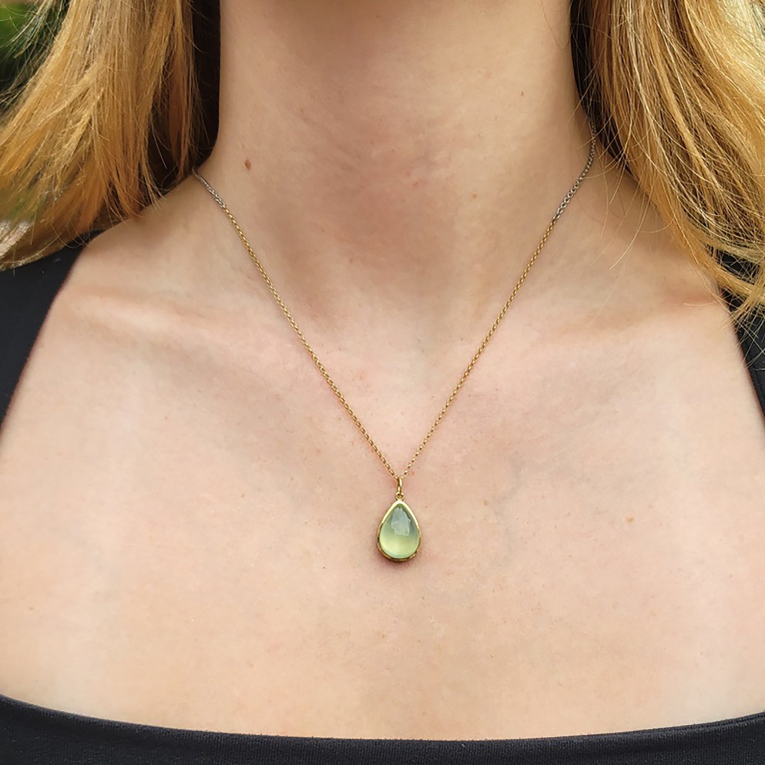 Prehnite Pear Cabochon Charm on Gold Chain | Rebecca Myers Collection