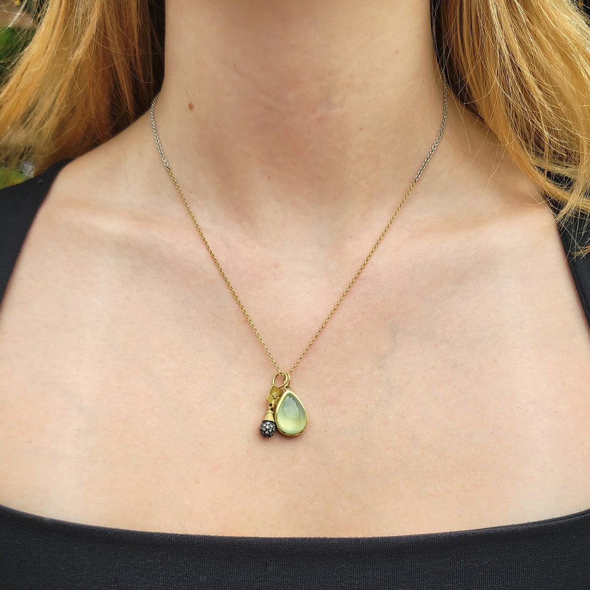 Prehnite Pear Cabochon Charm on Pave Teardrop with Hydrangea Top Necklace| Rebecca Myers Collection