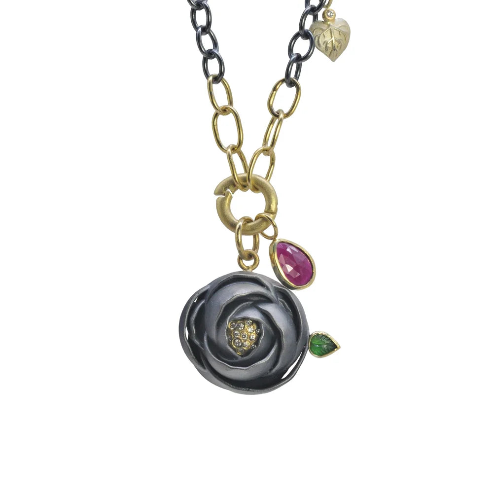 Small Self-Locking Charm Holder Clasp on Handmade Gold & Oxi Silver Charin with Oxi Ranunculus Pendant | Rebecca Myers Collection