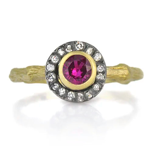Ruby Slice Halo Ring on branch ring | Rebecca Myers Collection