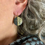 Round Cheetah Print Earrings with Diamonds on white female model| Rebecca Myers Collection