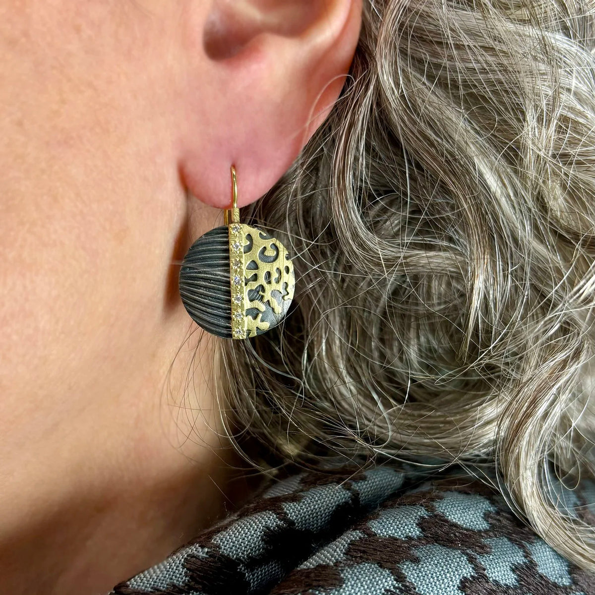 Round Cheetah Print Earrings with Diamonds on white female model| Rebecca Myers Collection