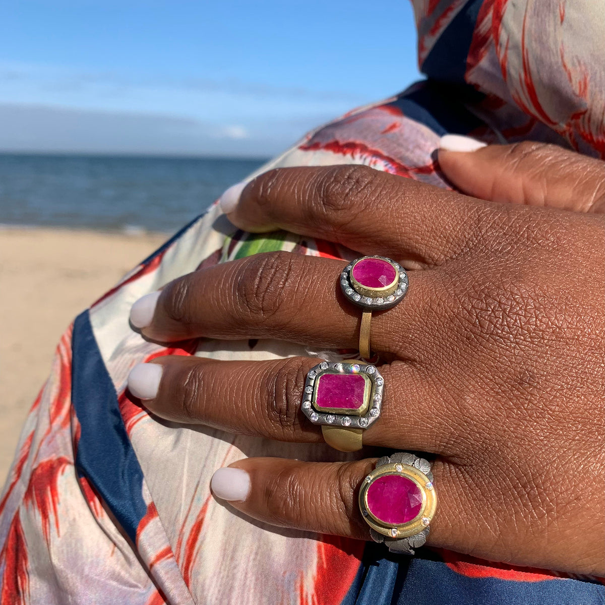 Ruby Halo Rings on black female model | Rebecca Myers Collection