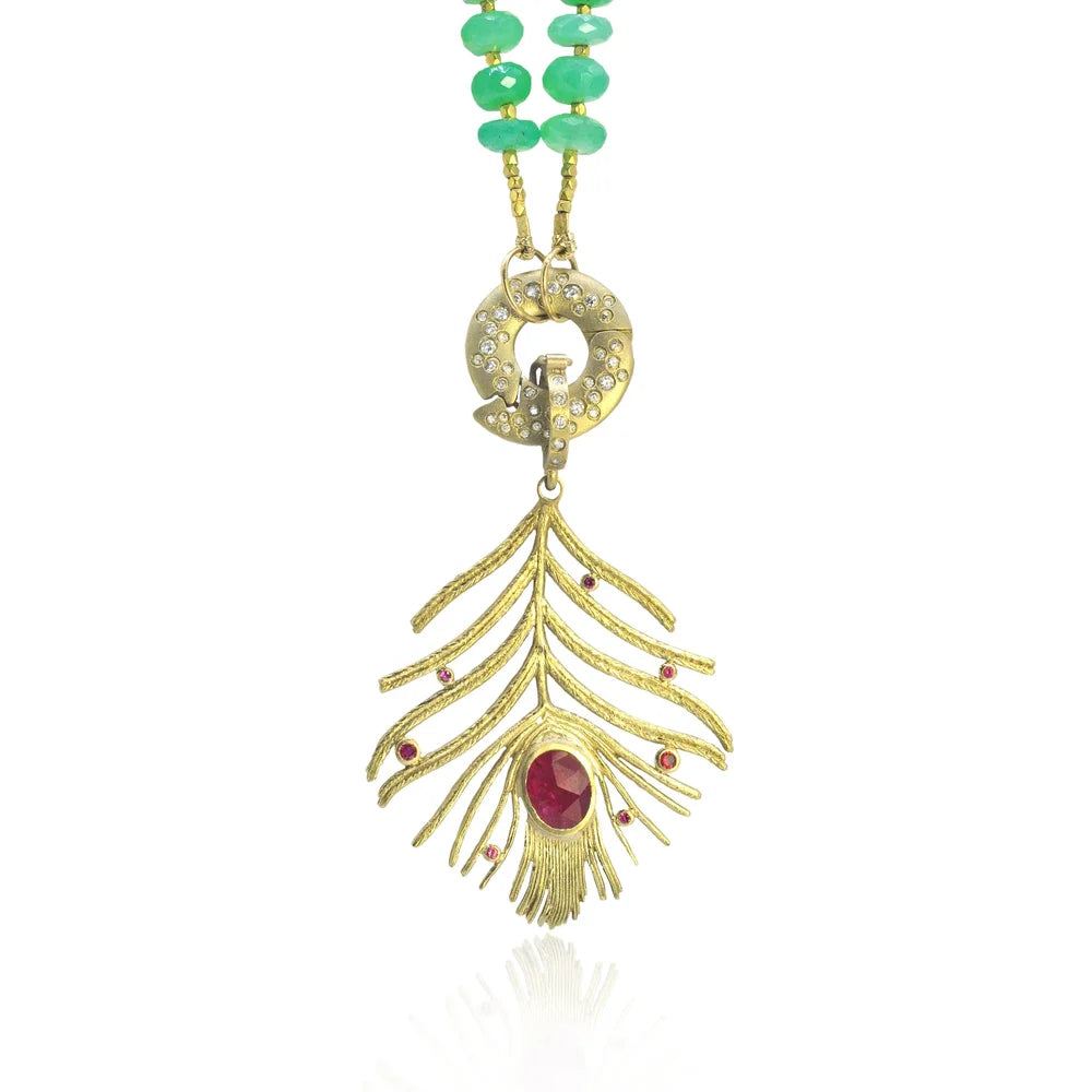 Large Self-Locking Charm Holder Clasp on Chrysoprase Necklace with Gold Peacock Feather Pendant | Rebecca Myers Collection