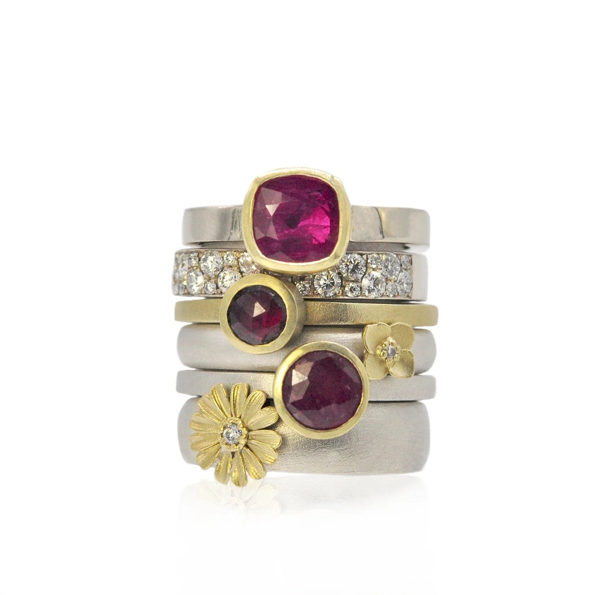 Gold and Silver Ruby Flower Garden Ring Stack | Rebecca Myers Collection