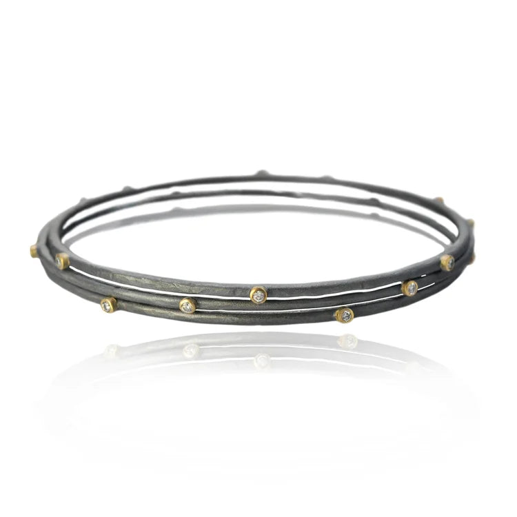 Gold, Silver & Diamond Branch Bangles with single tube set diamonds | Rebecca Myers Collection