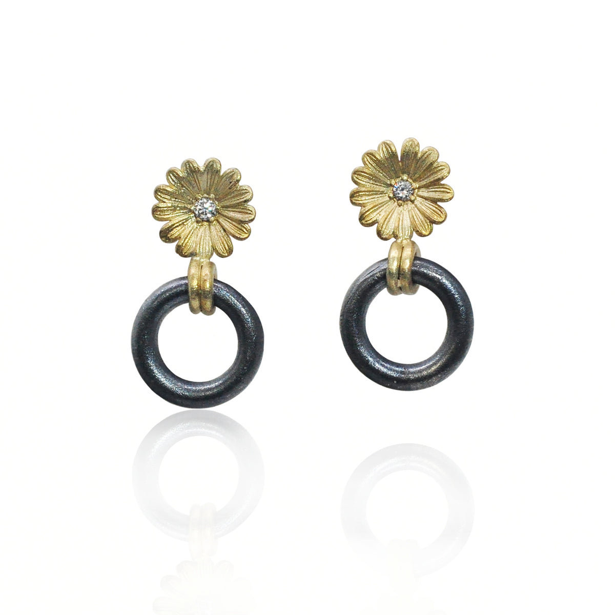 Gold & Diamond Shasta Daisy and Round Link Earrings | Rebecca Myers Collection
