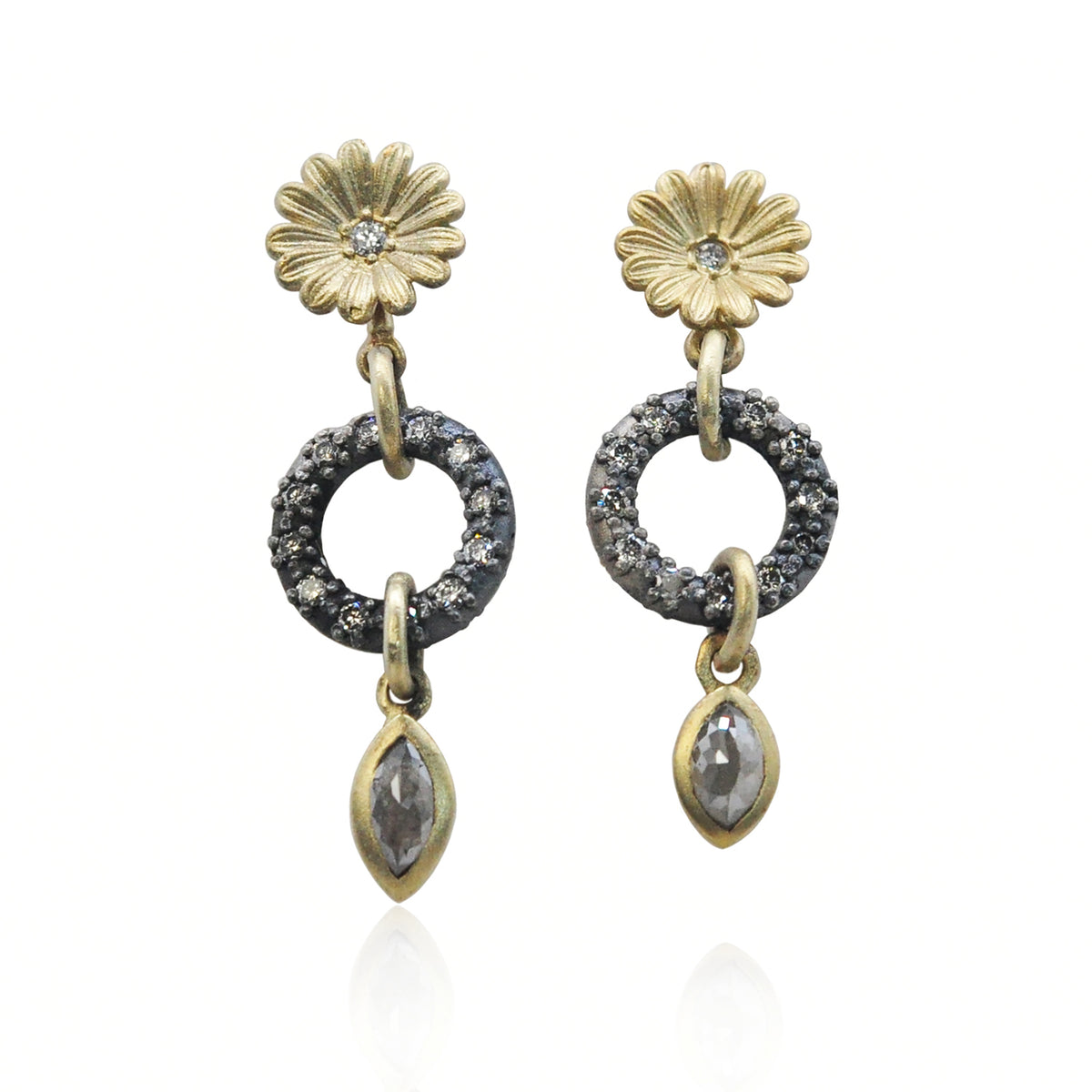 Gold & Diamond Shasta Daisy and Round Pave Link Earrings with Marquise Cut Grey Diamonds | Rebecca Myers Collection
