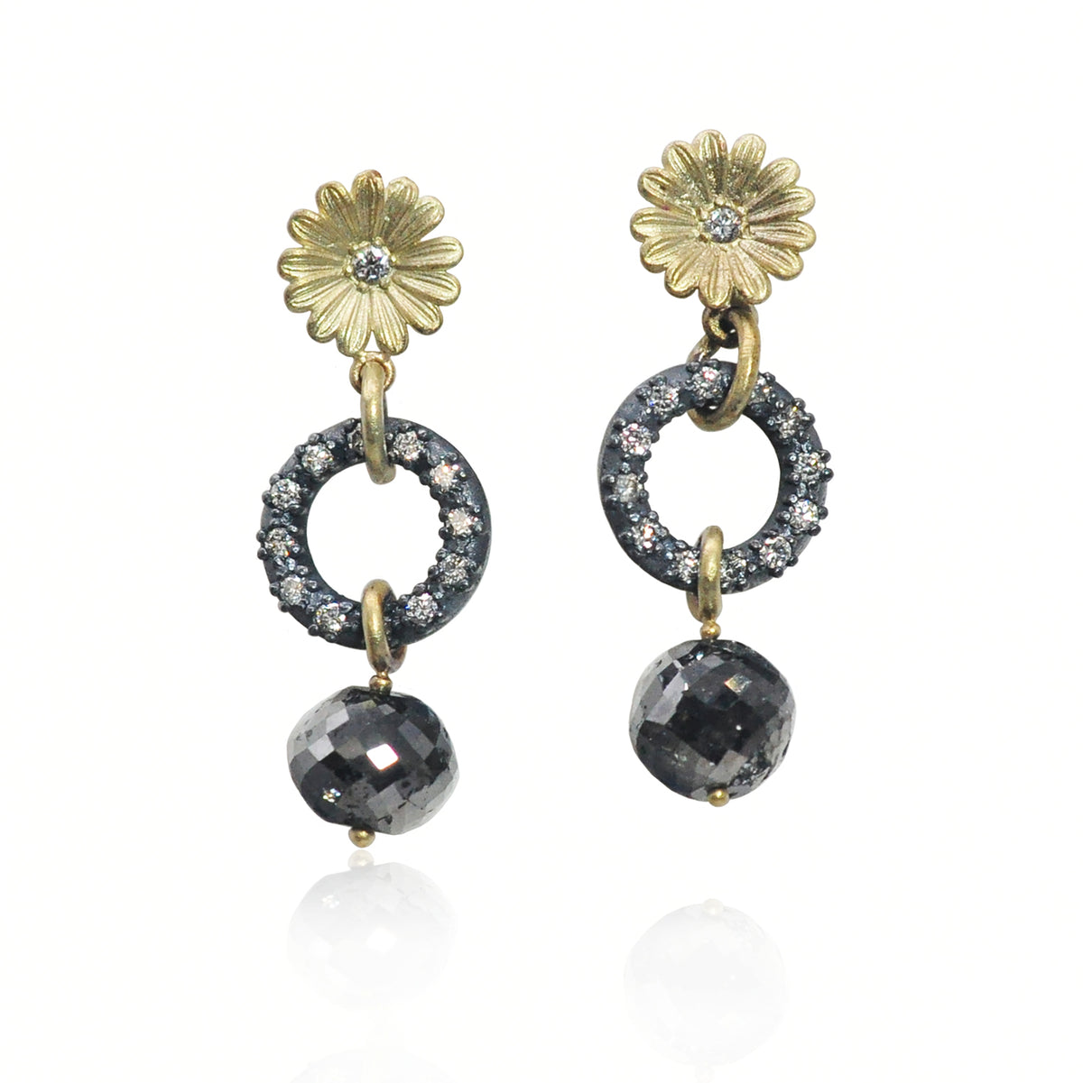 Gold & Diamond Shasta Daisy and Round Pave Link Earrings with Round Black Diamond Beads | Rebecca Myers Collection