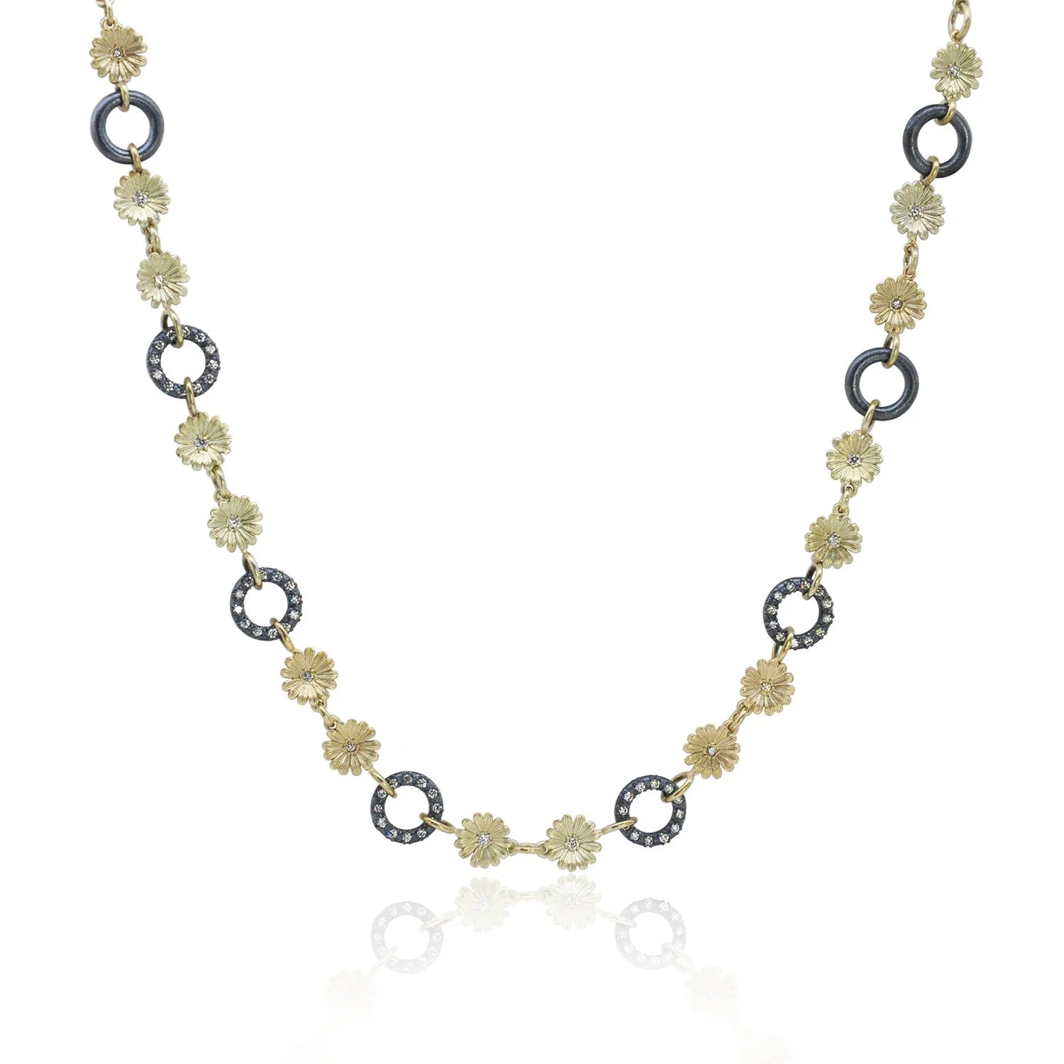 Gold Shasta Daisy and Oxidized Silver Circle Link Necklace | Rebecca Myers Collection