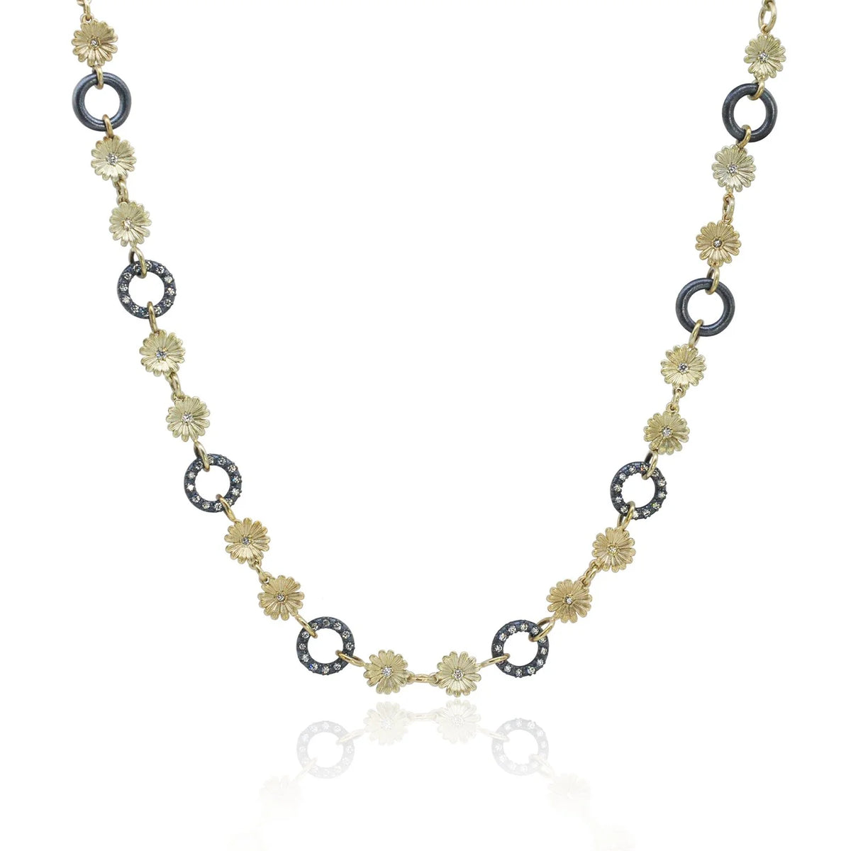 Gold Shasta Daisy and Oxidized Silver Circle Link Necklace | Rebecca Myers Collection