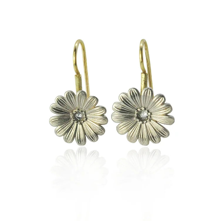 Small White Gold Shasta Daisy Earrings on wires | Rebecca Myers Collection
