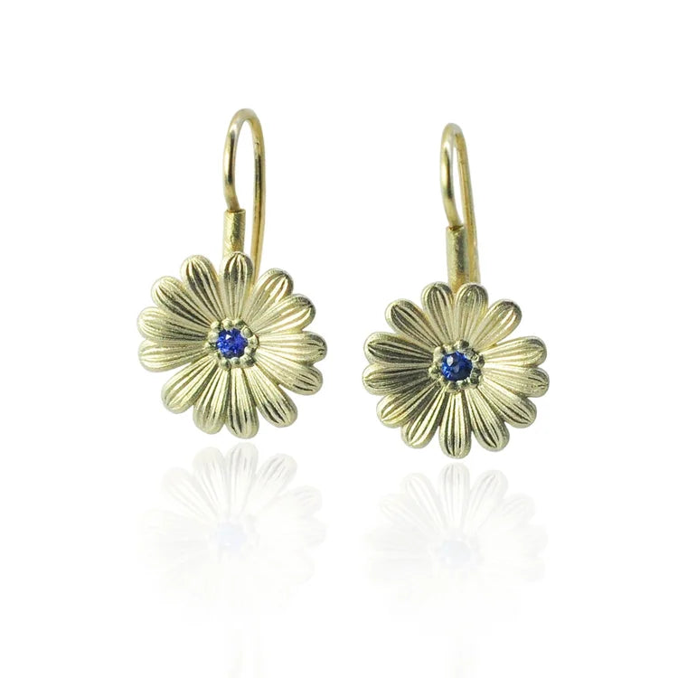 Small Shasta Daisy Earrings with Blue Sapphire Centers on wires | Rebecca Myers Collection