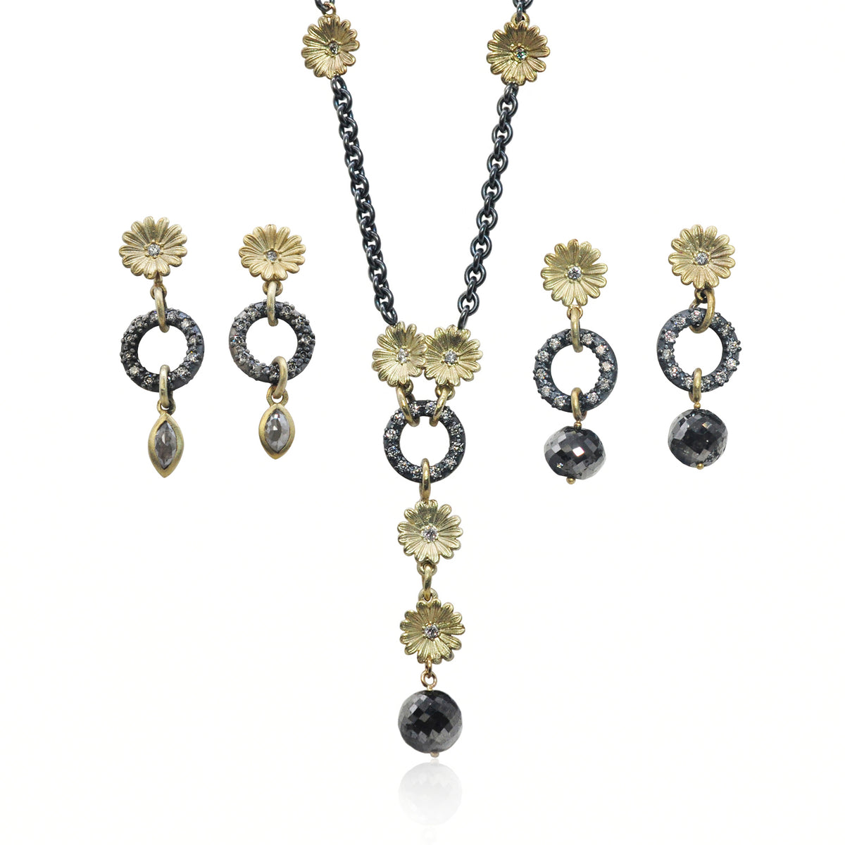 Gold & Diamond Shasta Daisy and Round Link Necklace & Earrings | Rebecca Myers Collection
