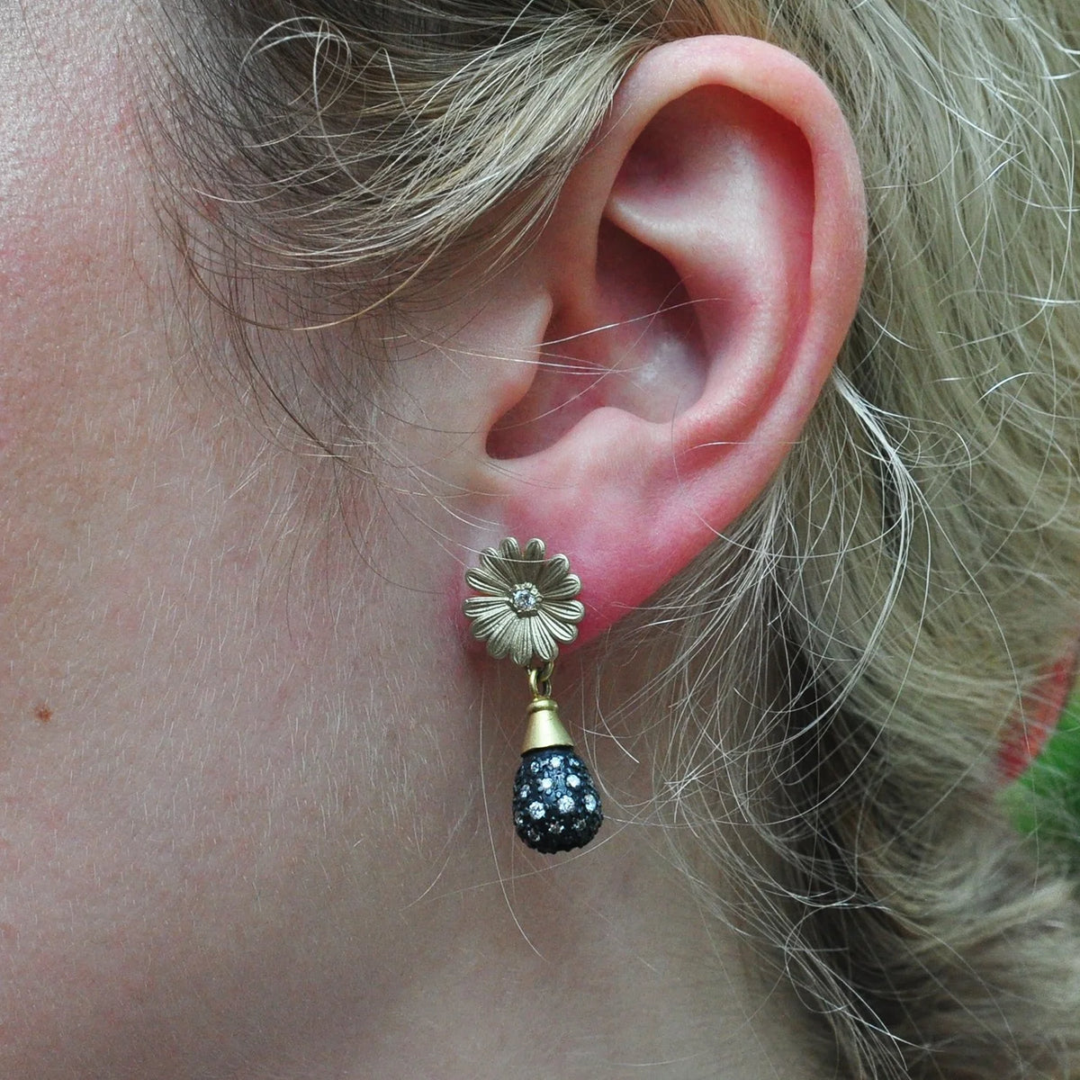 Gold, Oxidized Silver, and Pave Diamond Teardrop Earrings | Rebecca Myers Collection
