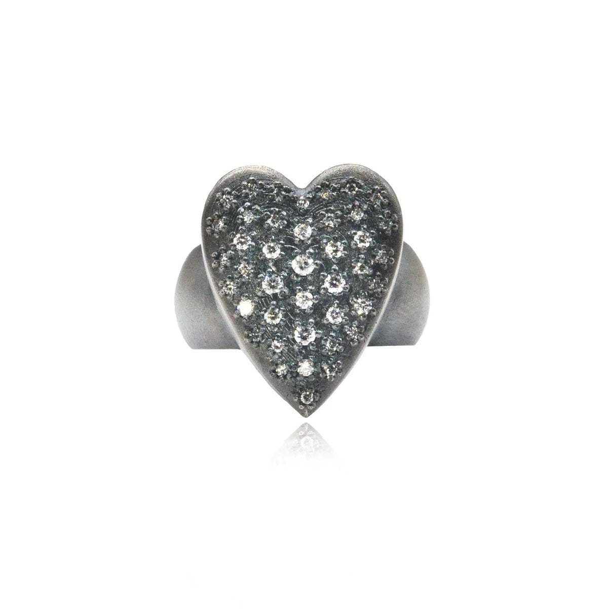 Large Heart Rings in Oxidized Silver with Pave Set Diamonds | Rebecca Myers Collection