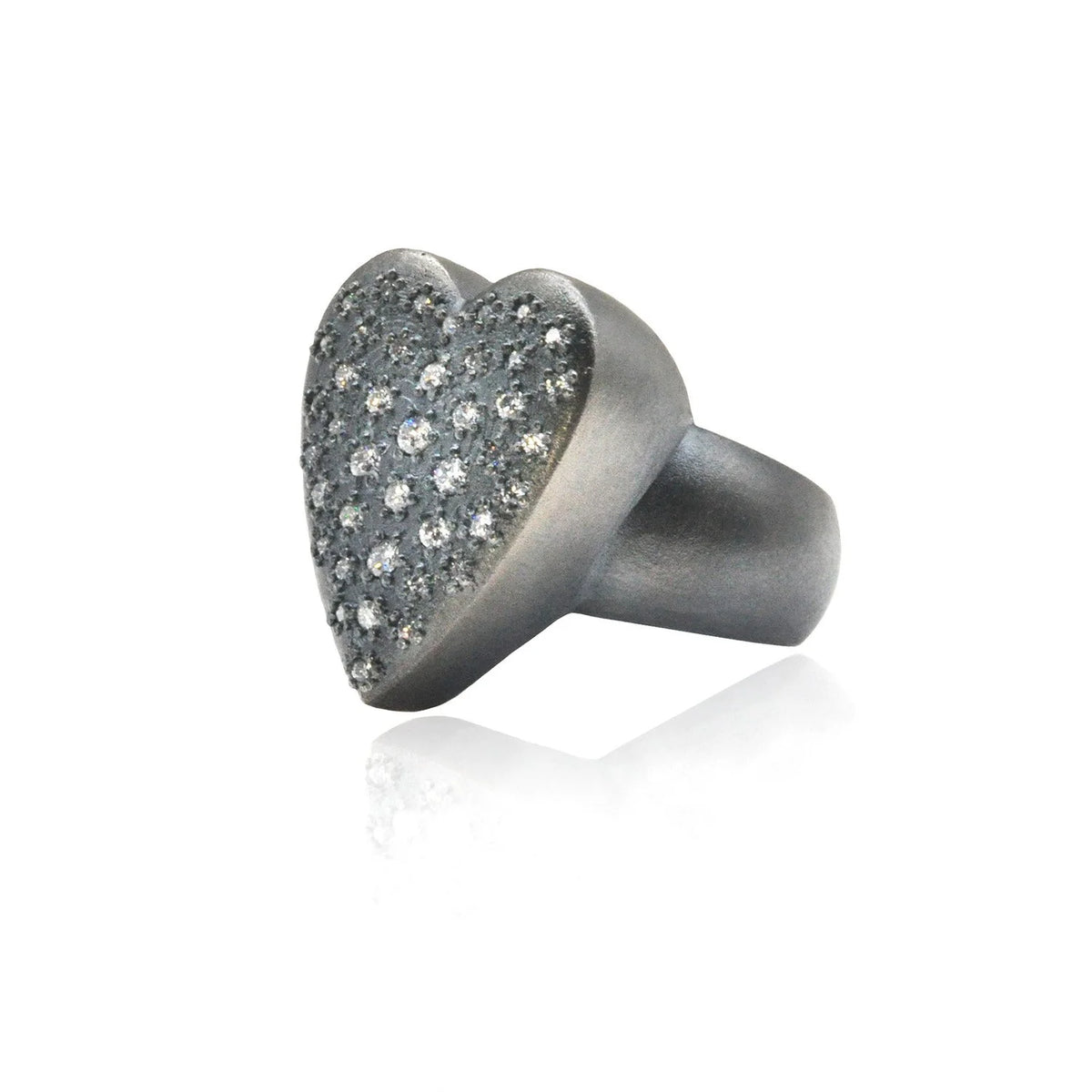 Large Heart Rings in Oxidized Silver with Pave Set Diamonds | Rebecca Myers Collection