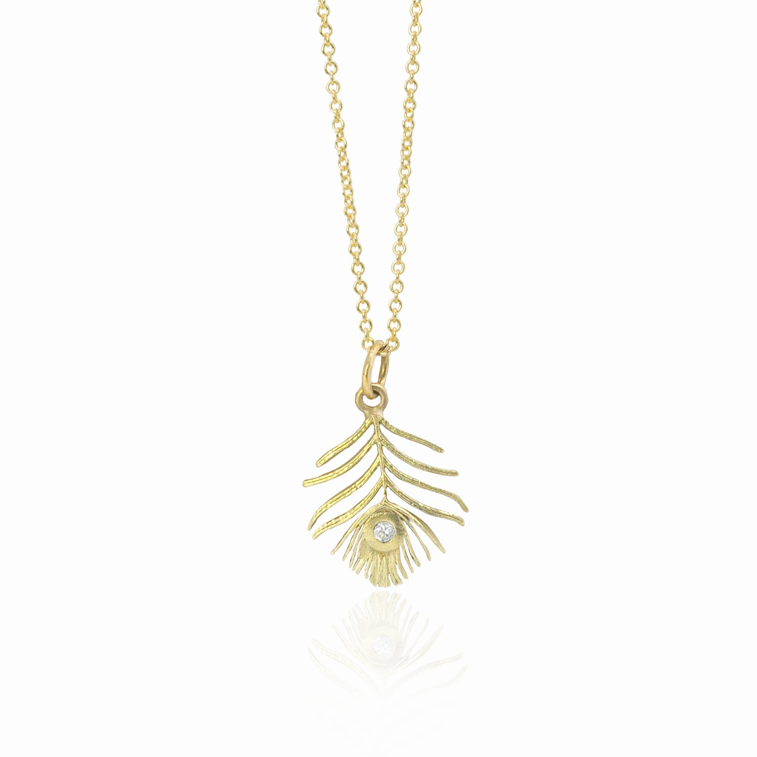 Small Gold Peacock Feather Charm on Gold Cable Chain | Rebecca Myers Collection
