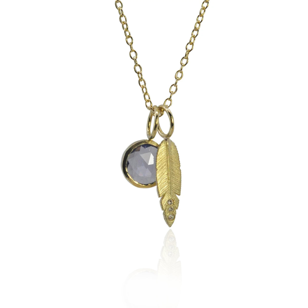 Small Gold & Diamond Slender Feather Charm on Gold Cable Chain + Labradorite Charm | Rebecca Myers CollectionRebecca Myers Collection