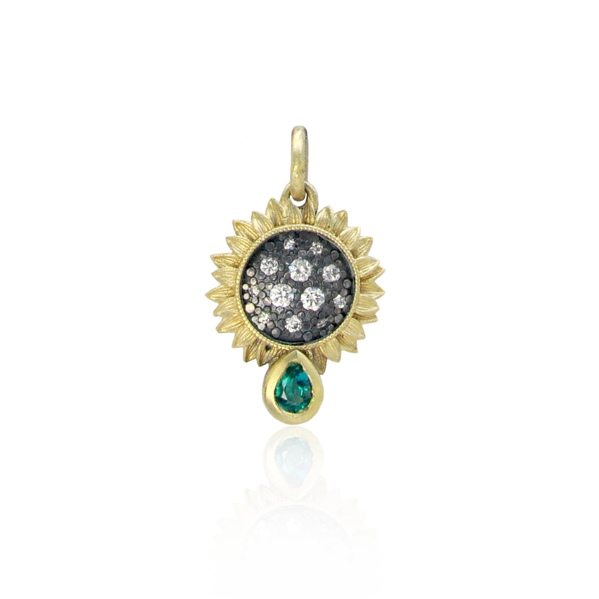 Small Pave Diamond Sunflower Charm with Emerald Teardrop | Rebecca Myers Collection