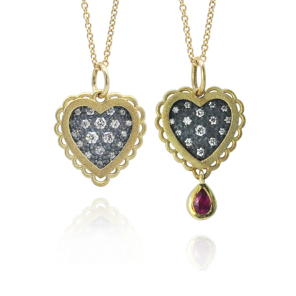 Two Small Gold Framed Pave Diamond Heart Necklaces | Rebecca Myers Collection