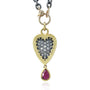 Small Slender Framed Pave Diamond Heart Pendant with Ruby Drop on Textured Oxidized Silver Chain with Charm Holder Clasp | Rebecca Myers Collection