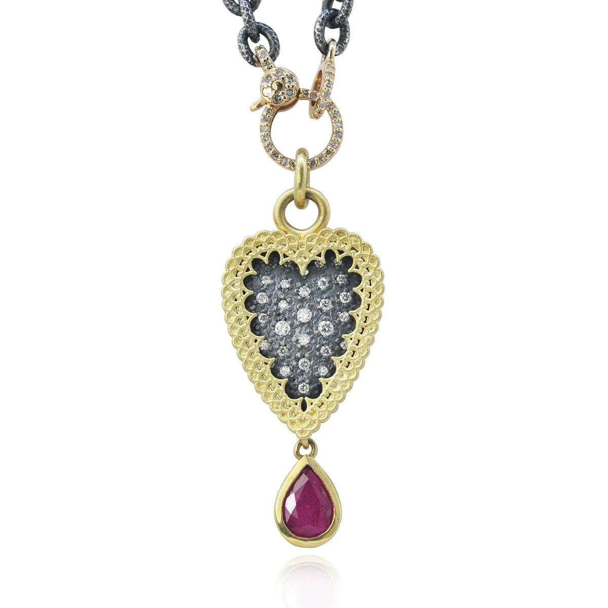 Small Slender Framed Pave Diamond Heart Pendant with Ruby Drop on Textured Oxidized Silver Chain with Charm Holder Clasp | Rebecca Myers Collection