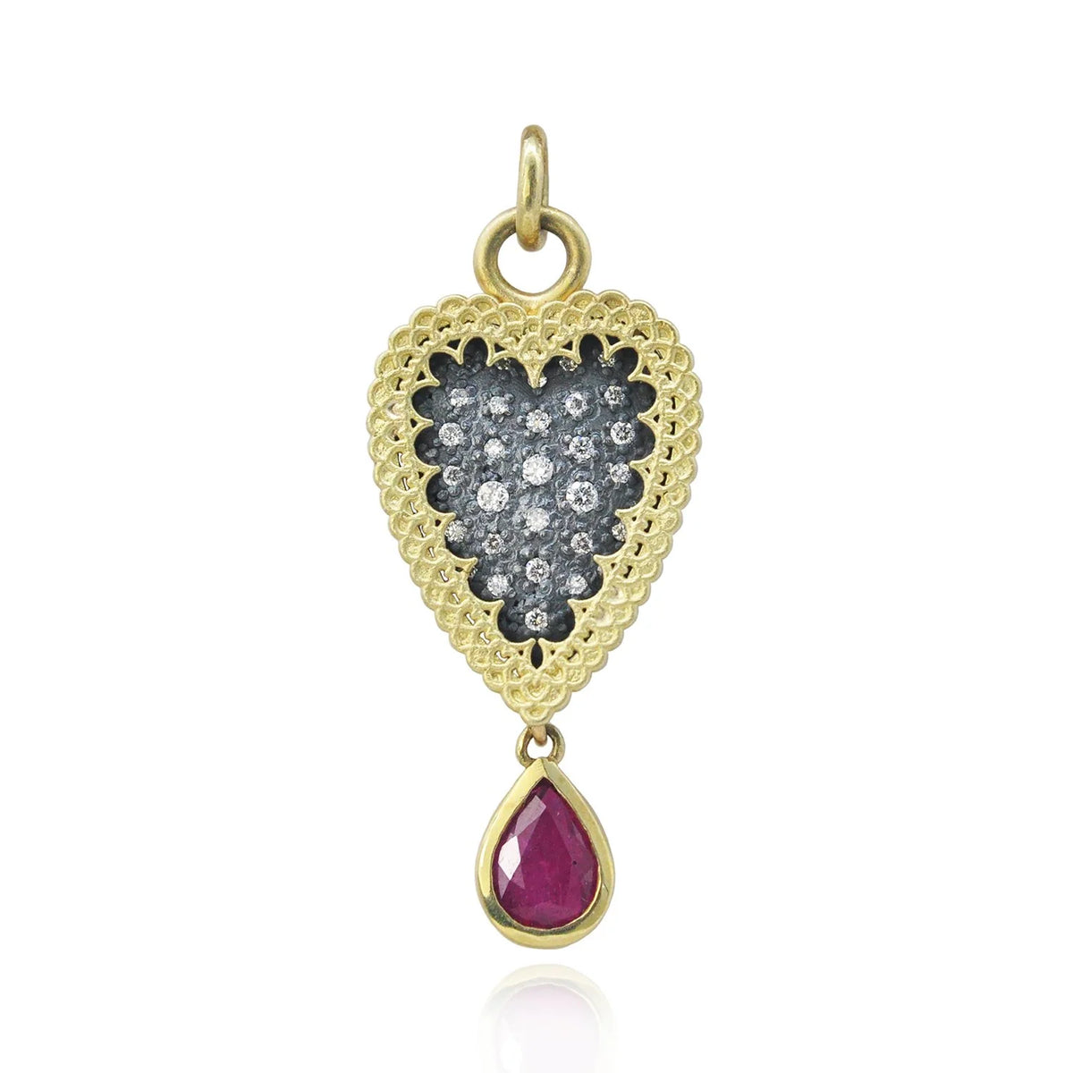 Small Slender Framed Pave Diamond Heart with Ruby Drop Pendant | Rebecca Myers Collection