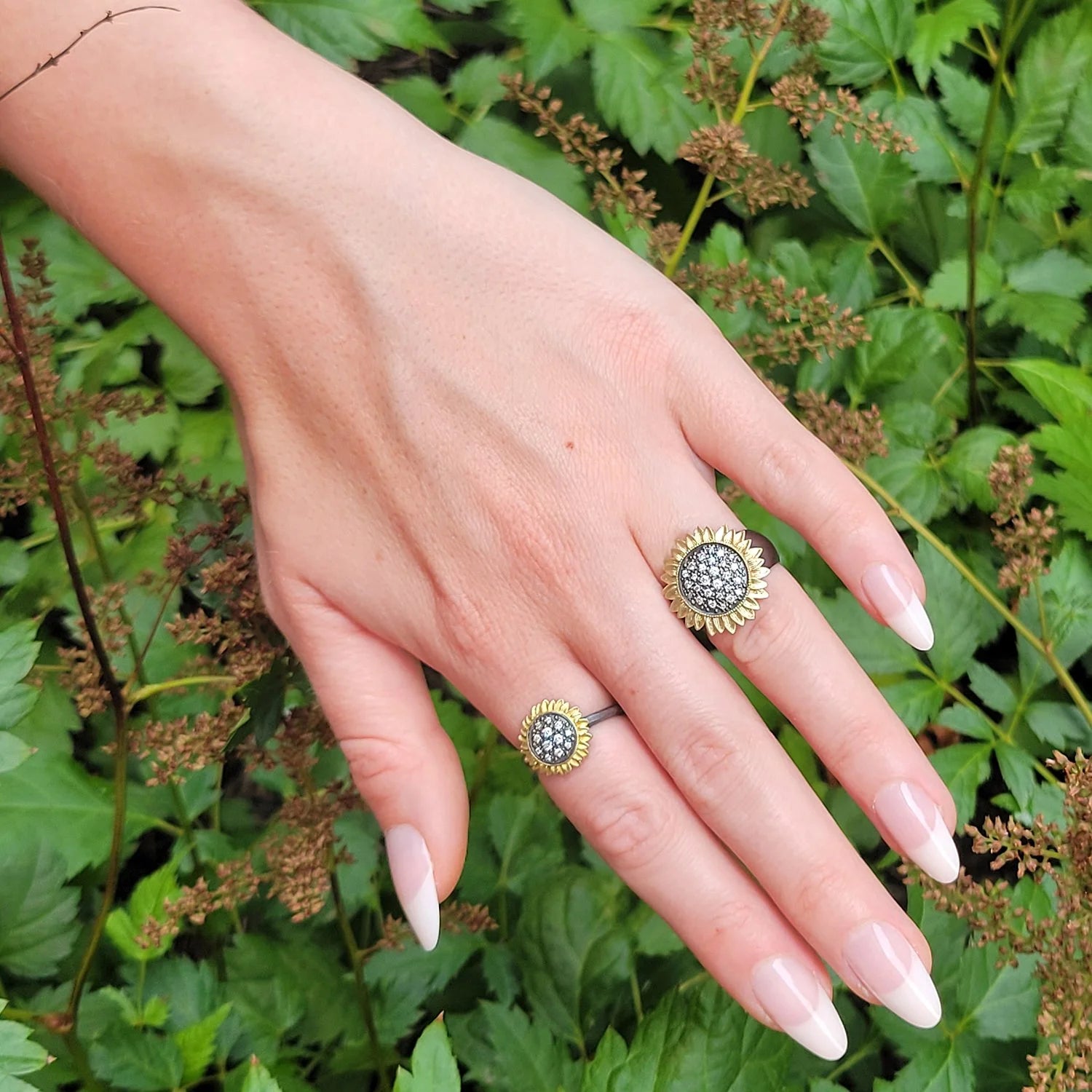 Pave Diamond Sunflower Rings on white female model | Rebecca Myers Collection
