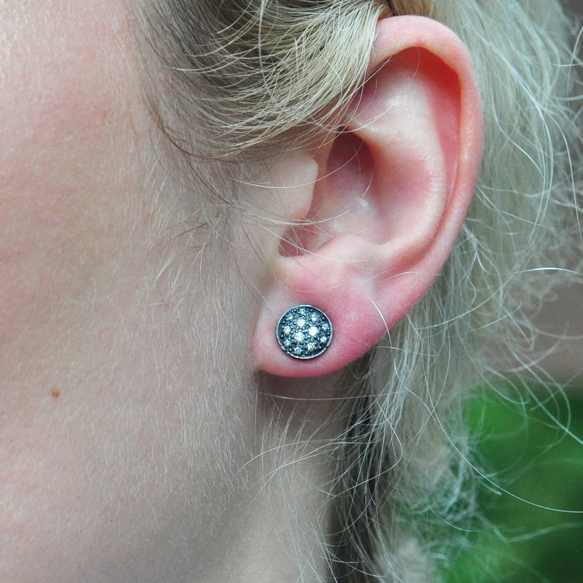 Small Oxidized Silver Pave Disc Earrings on white female model with blonde hair | Rebecca Myers Collection