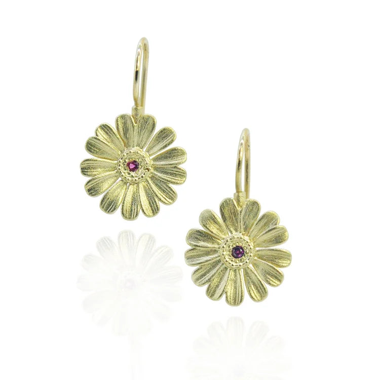 Small Shasta Daisy Earrings with Ruby Centers on wires | Rebecca Myers Collection