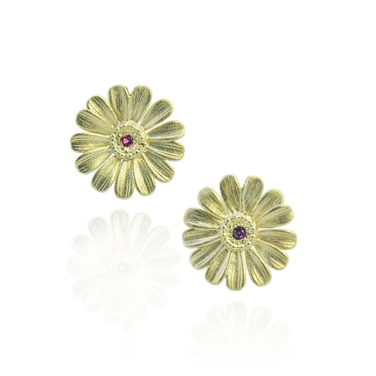Small Shasta Daisy Earrings with Ruby Centers on posts | Rebecca Myers Collection