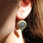 Medium Pave Diamond Sunflower Earrings on white female model | Rebecca Myers Collection