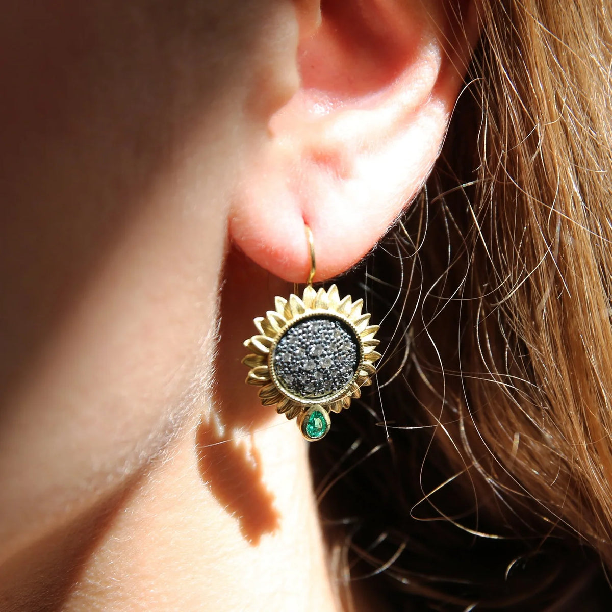 Medium Pave Diamond Sunflower Earrings on white female model | Rebecca Myers Collection