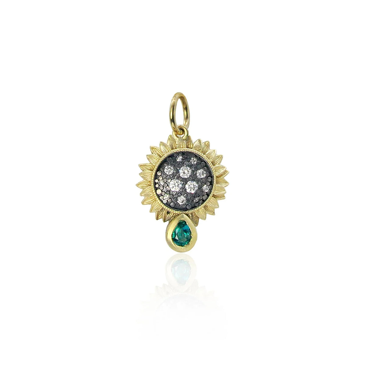 Small Pave Diamond Sunflower with Emerald Teardrop Pendant | Rebecca Myers Collection