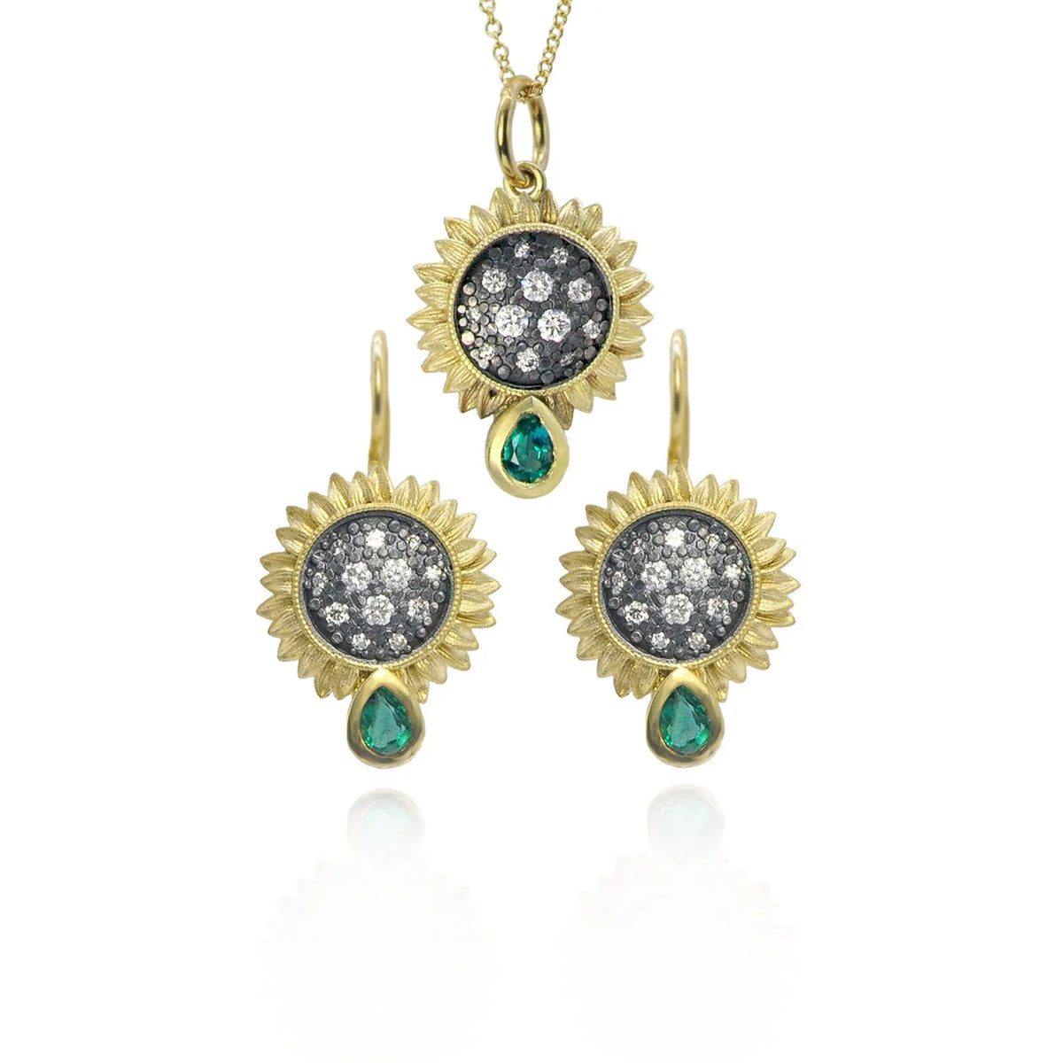 Small Pave Diamond Sunflower with Emerald Teardrops Necklace & Earrings | Rebecca Myers Collection