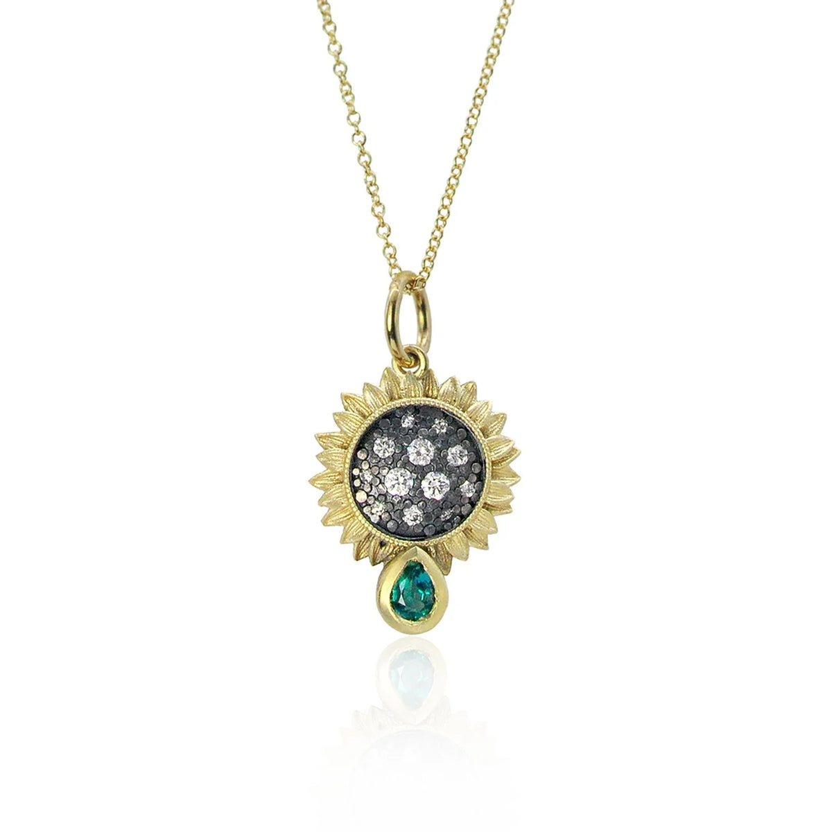 Small Pave Diamond Sunflower with Emerald Teardrop Necklace | Rebecca Myers Collection